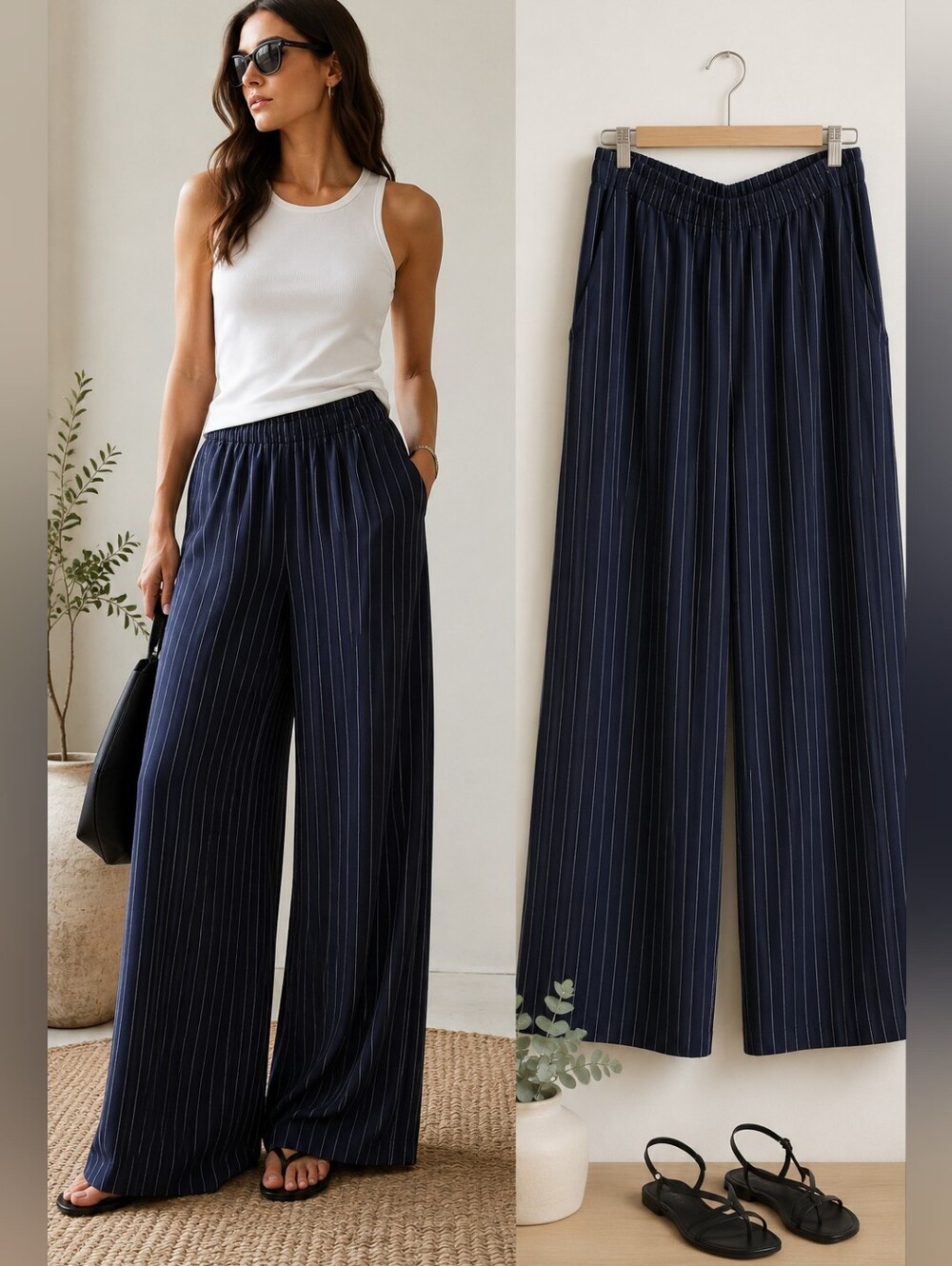YAS Navy Pinstripe Extra Wide-Leg Pants | Flowing Palazzo Silhouette | NWOT